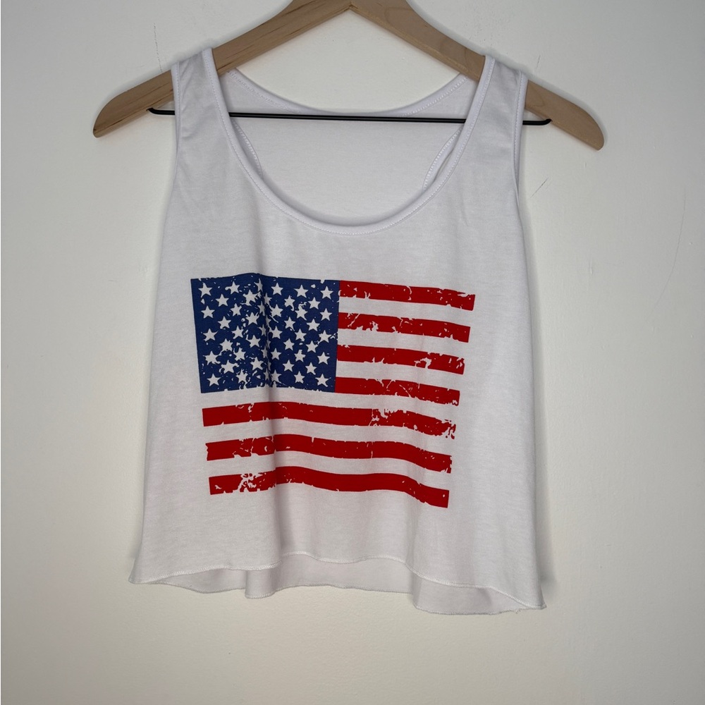 American Flag Cropped White Tank Top Patriotic USA Racerback M CrossFit Murph